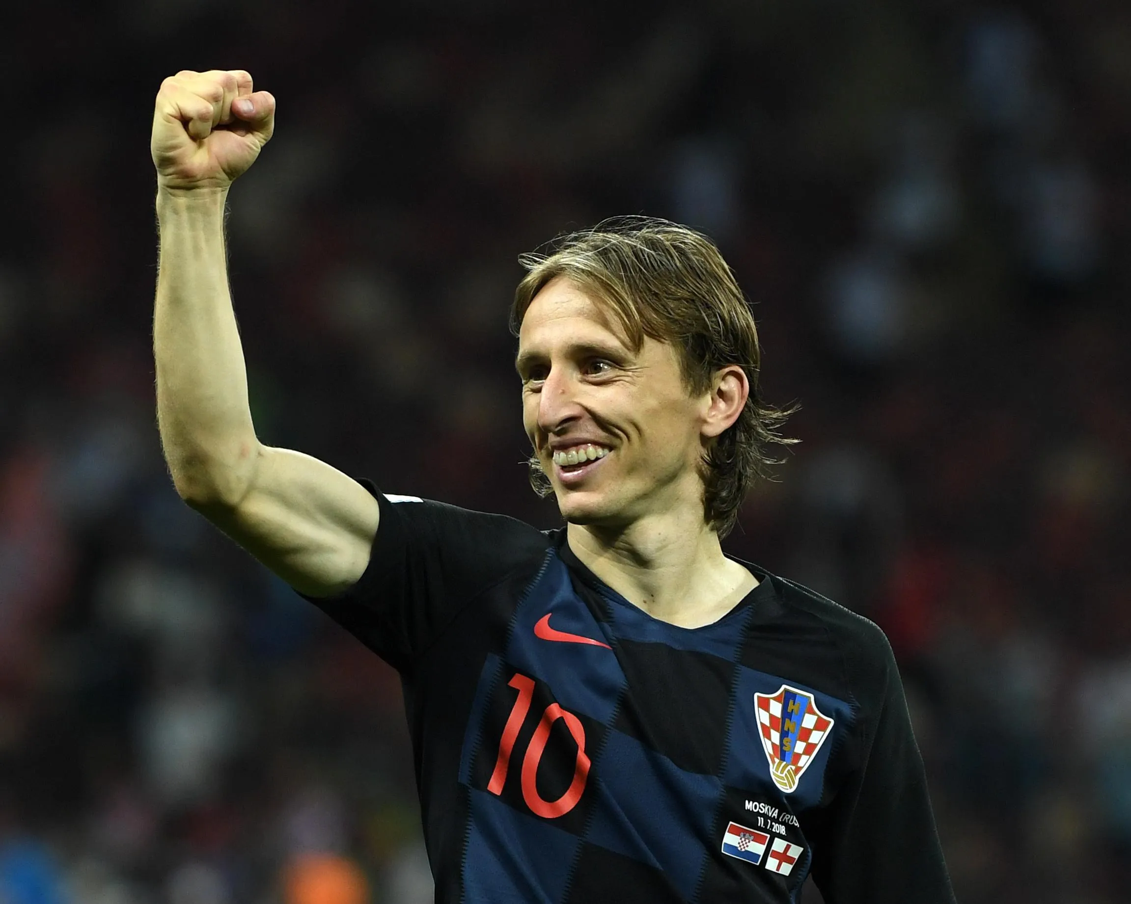 Luka Modric celebrates Croatia’s victory over England in the World Cup semi-final at the Luzhniki Stadium in 2018.
