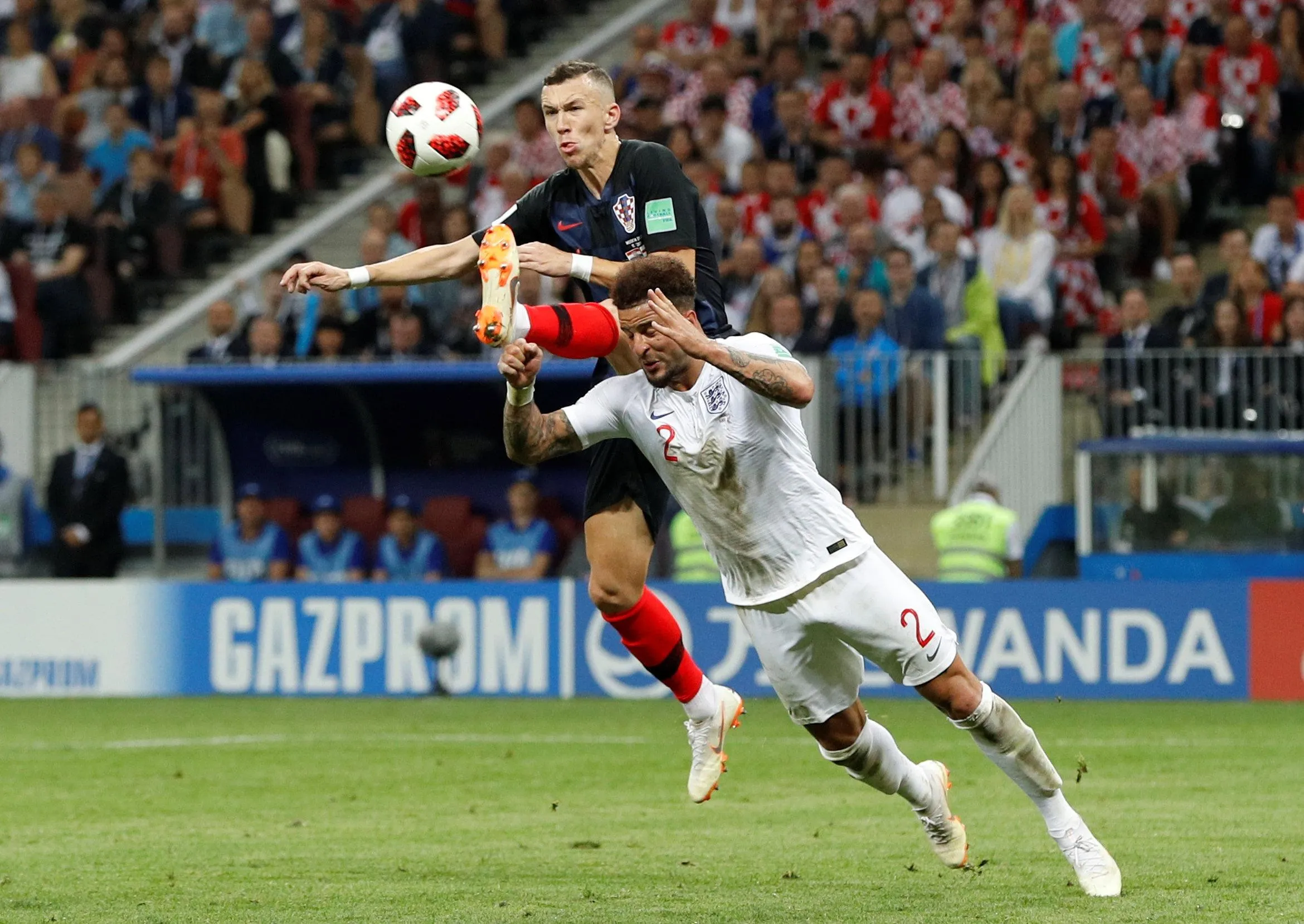 Ivan Perisic scores Croatia’s equaliser in the 2018 World Cup semi-final, despite Kyle Walker’s efforts