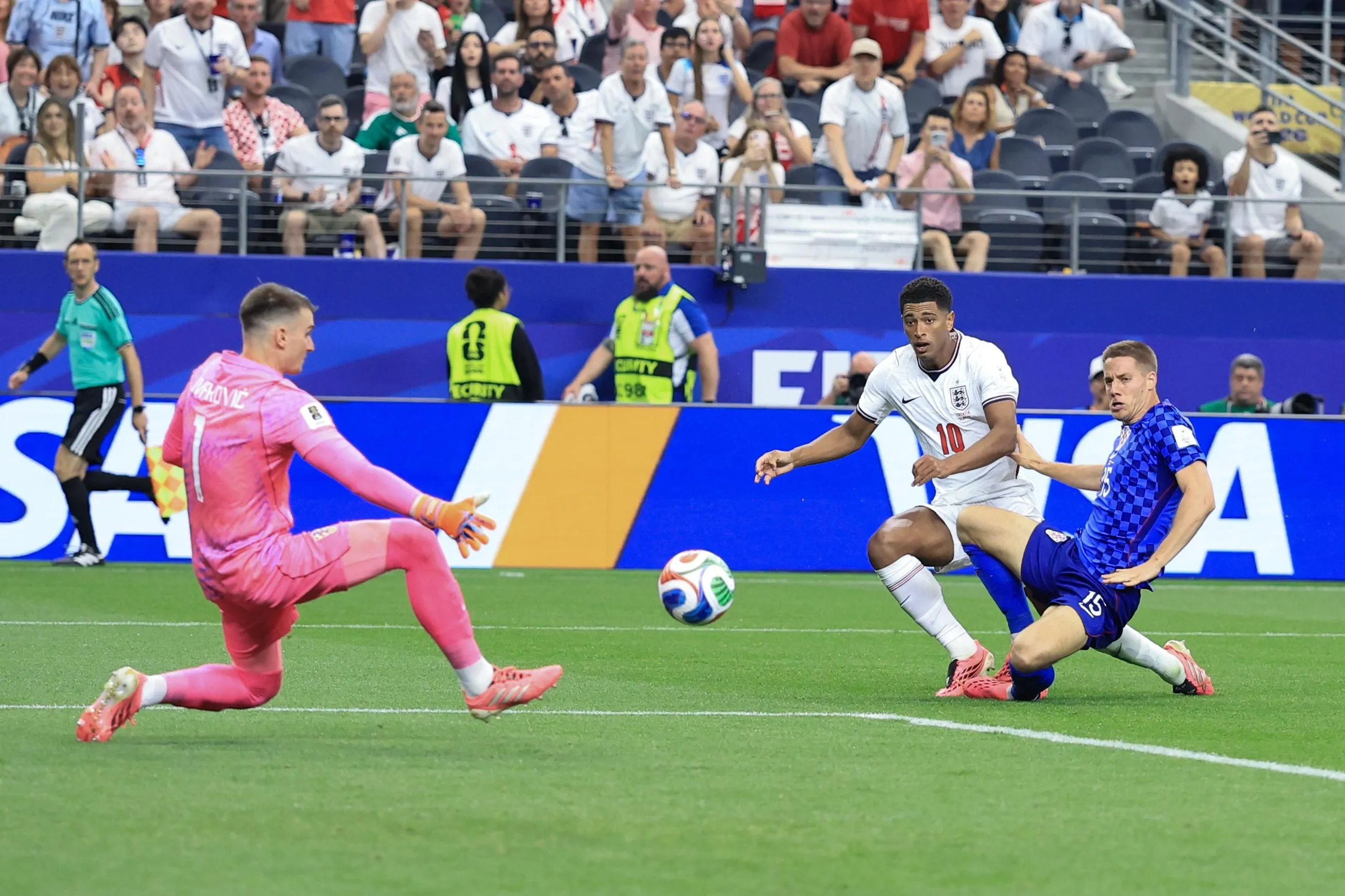 Jude Bellingham scores England’s third goal against Croatia.