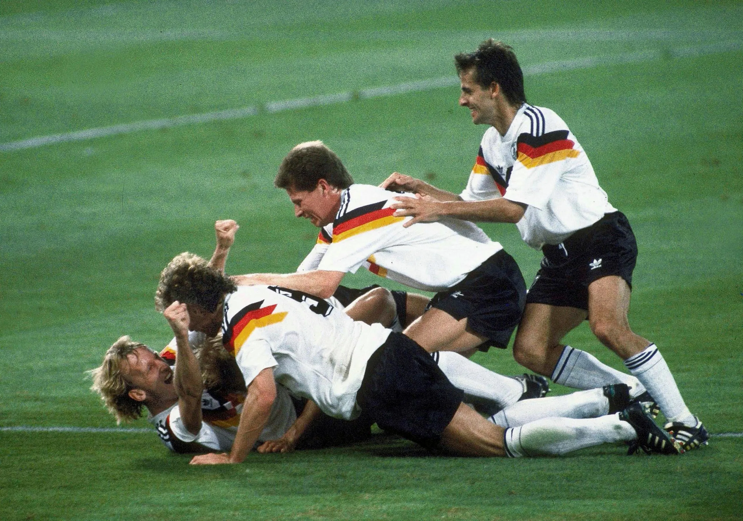 West Germany celebrate the great Andy Brehme’s World Cup-winning penalty against Argentina in the final of Italia 90.