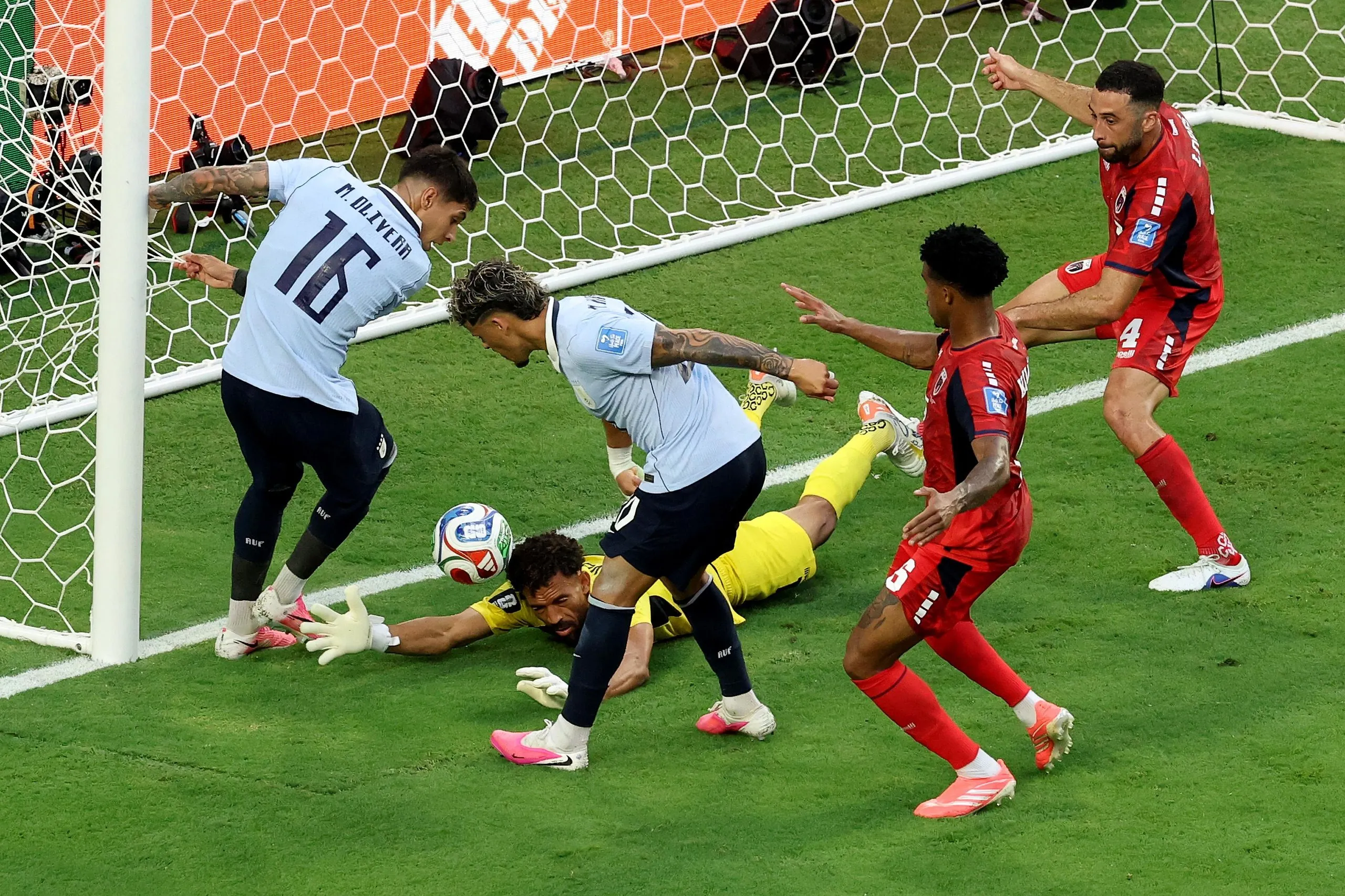 Maxi Araujo turns the ball home but his effort is disallowed for offside