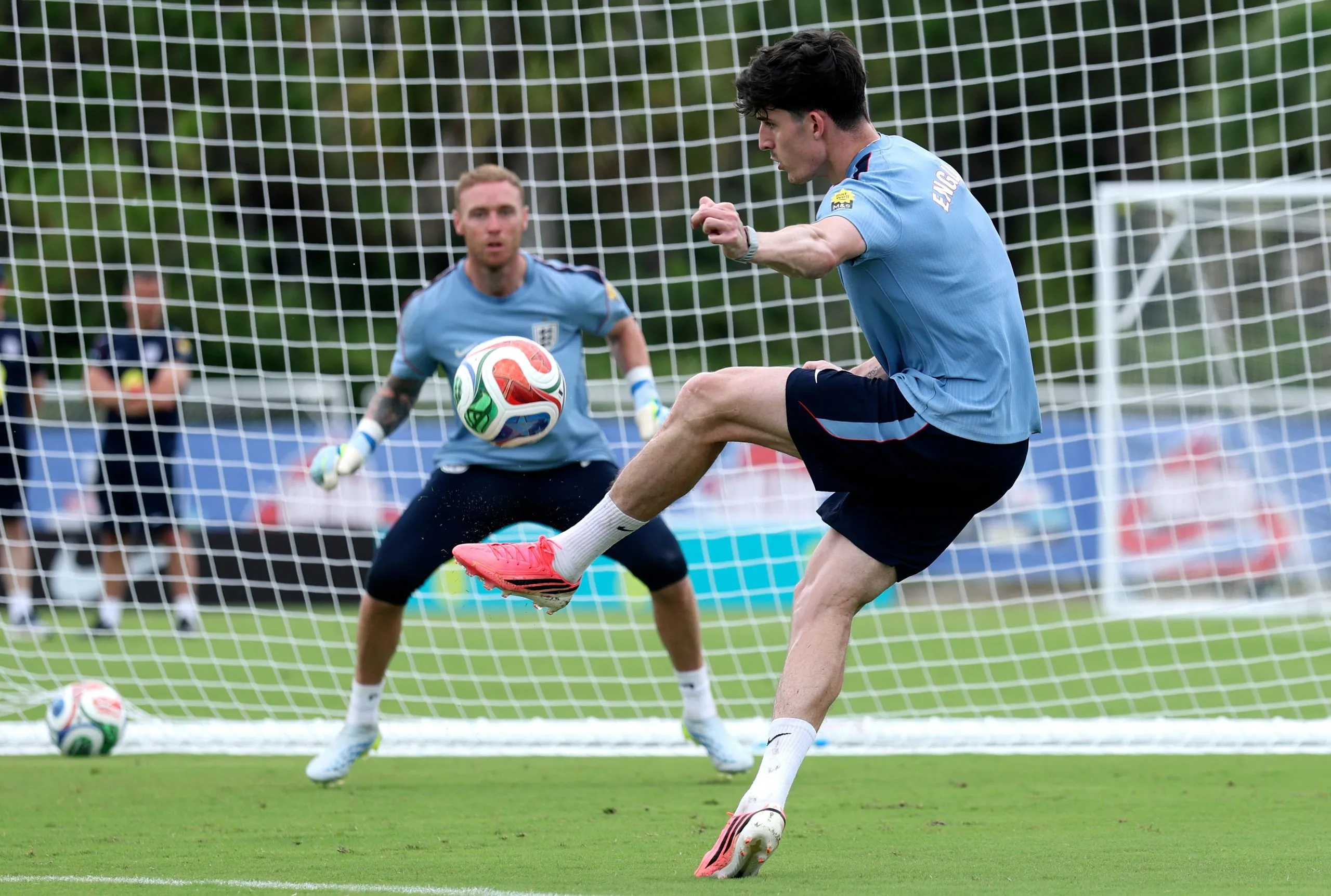 Tino Livramento shoots during a training session during the camp in West Palm Beach, Florida