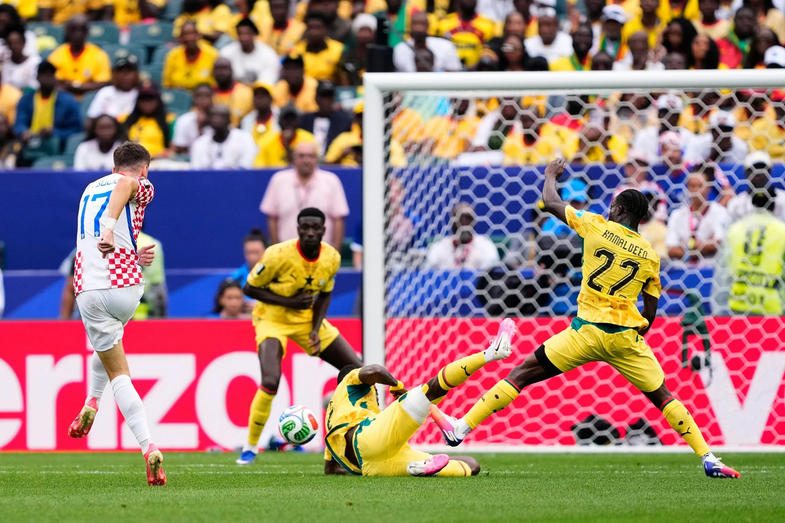 Croatia’s Petar Sucic sends his first-half effort whistling into the bottom corner.