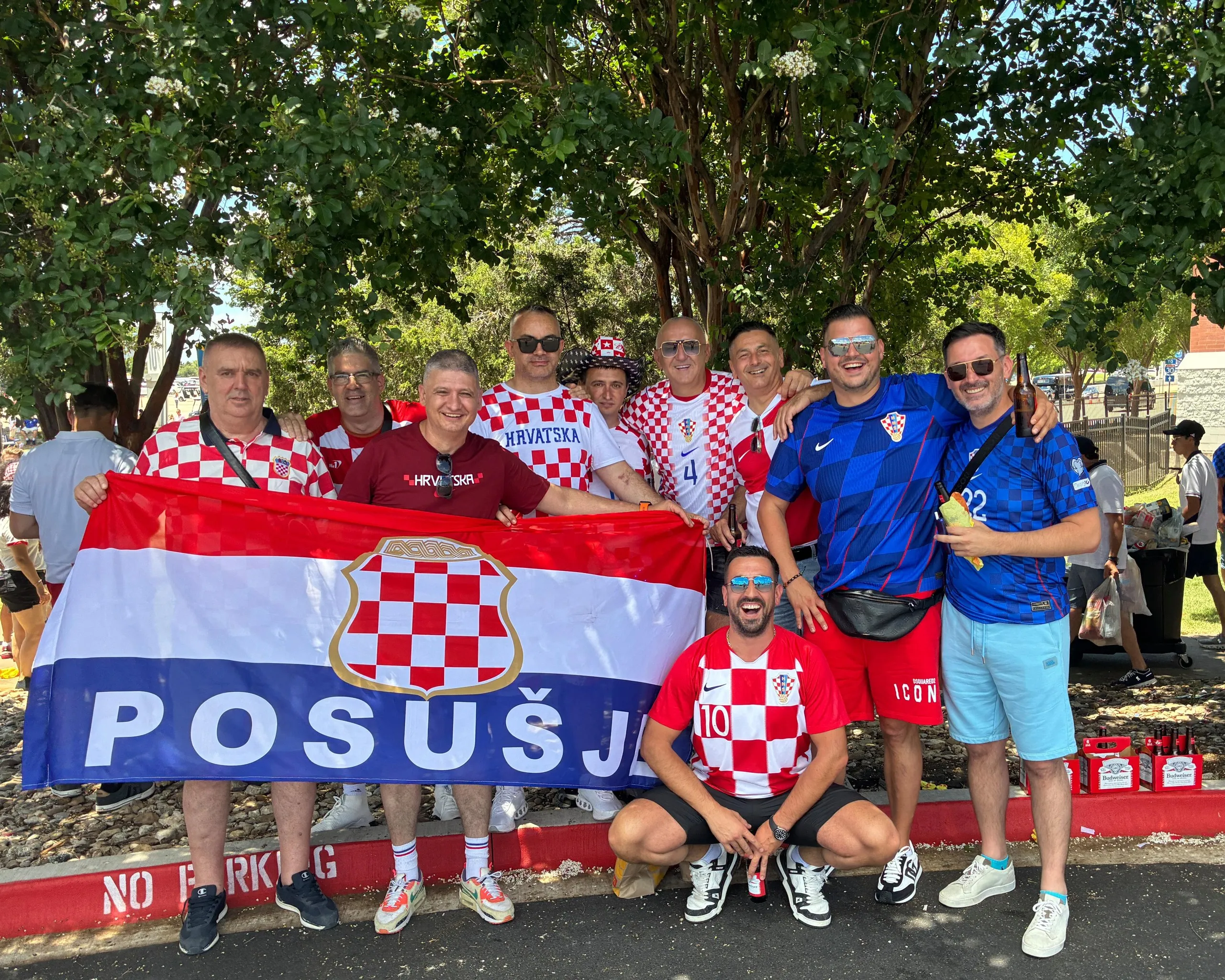 Croatia fans outside the Dallas Stadium. Walmart-sourced tinnies not pictured.