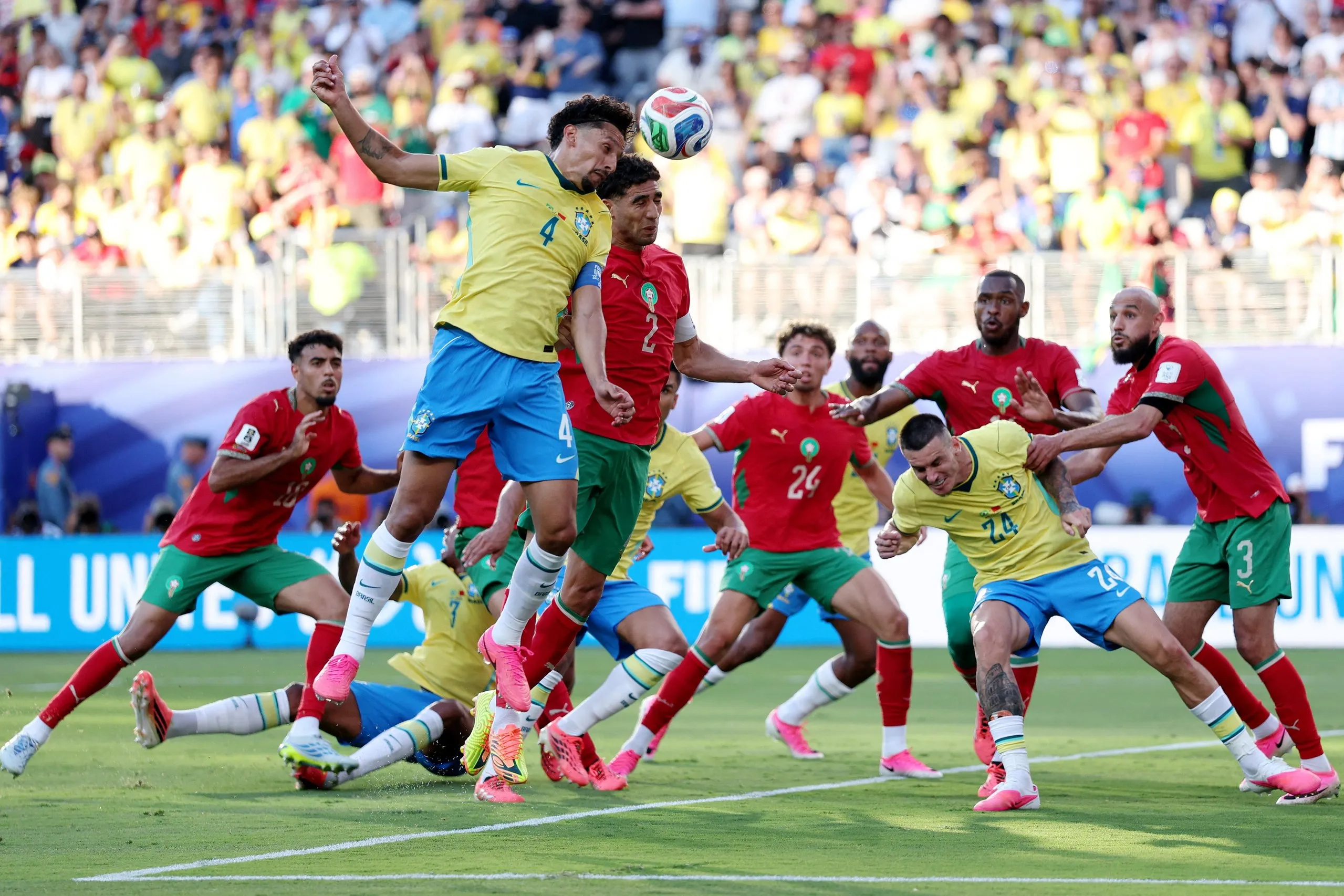 Marquinhos gets the flick on in the Morocco box but the chance comes to nought.