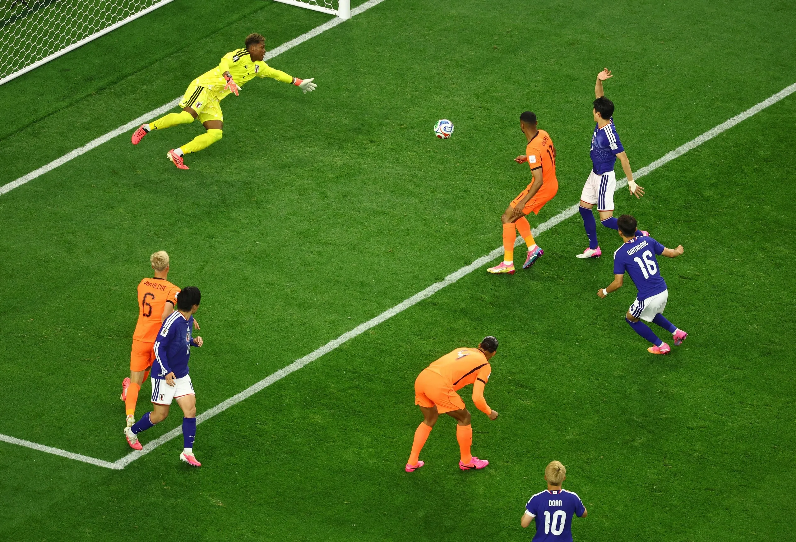 Netherlands' Virgil van Dijk scores their first goal.