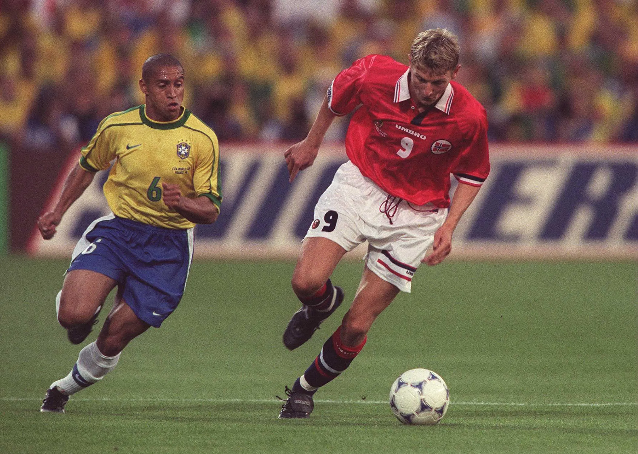 Tore Andre Flo in action against Brazil