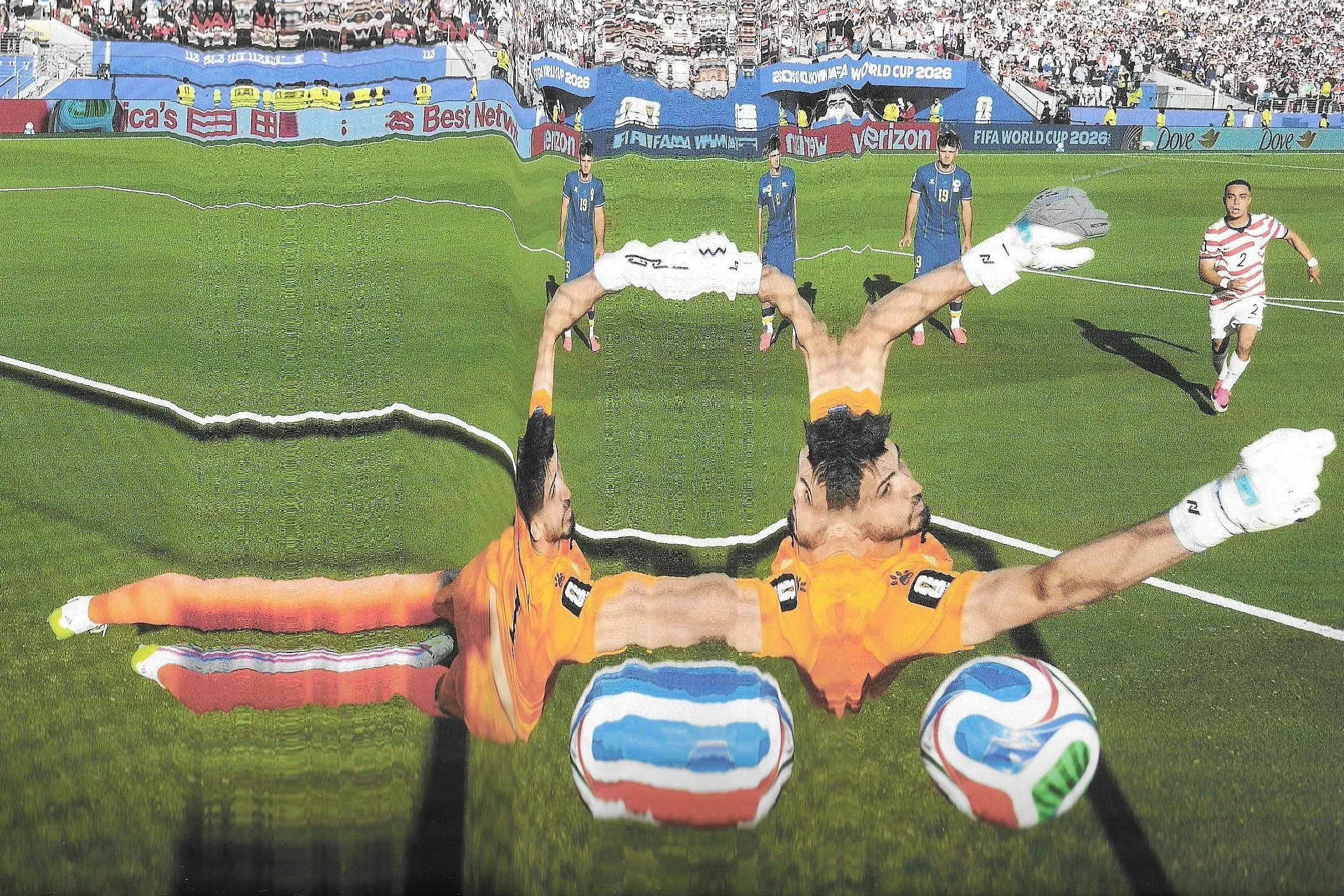 Nikola Vasilj of Bosnia and Herzegovina fails to save a free-kick from Malik Tillman of the United States. Original photograph by Charlotte Wilson.