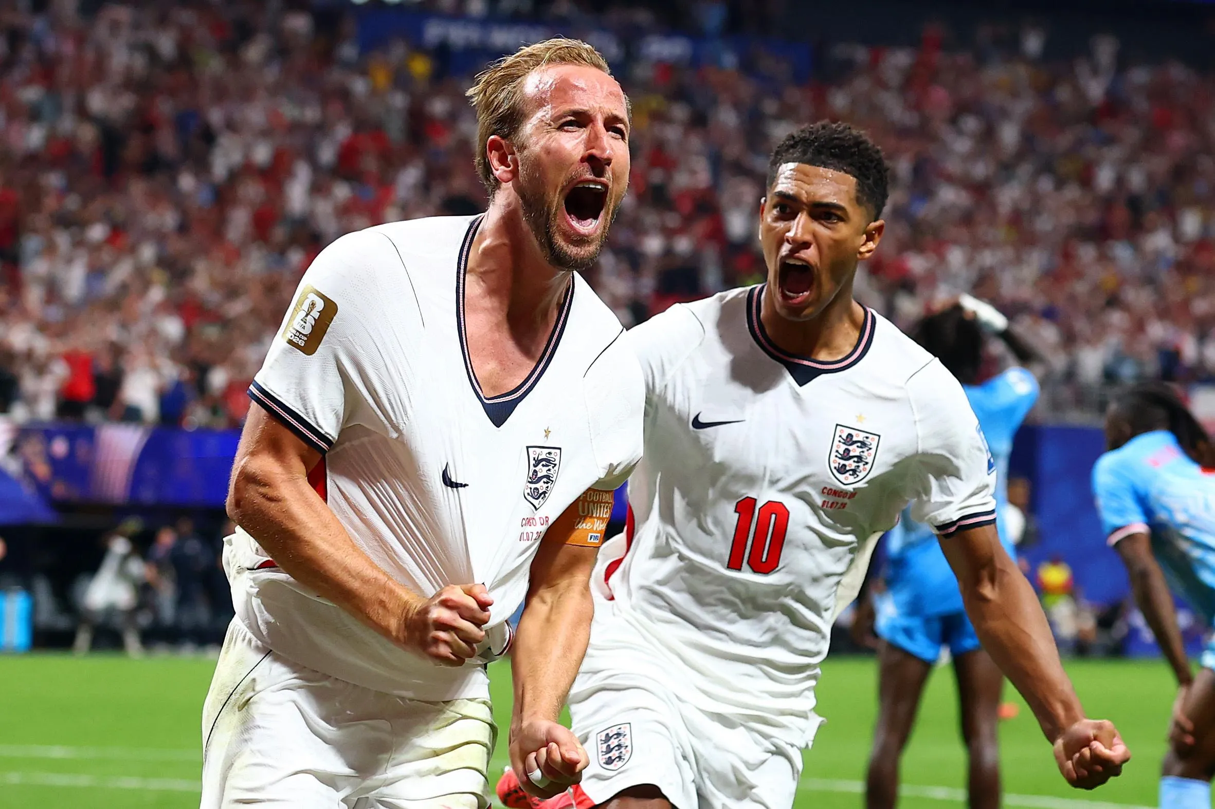 Harry Kane celebrates scoring against DR Congo, one of six goals the striker has at the World Cup so far