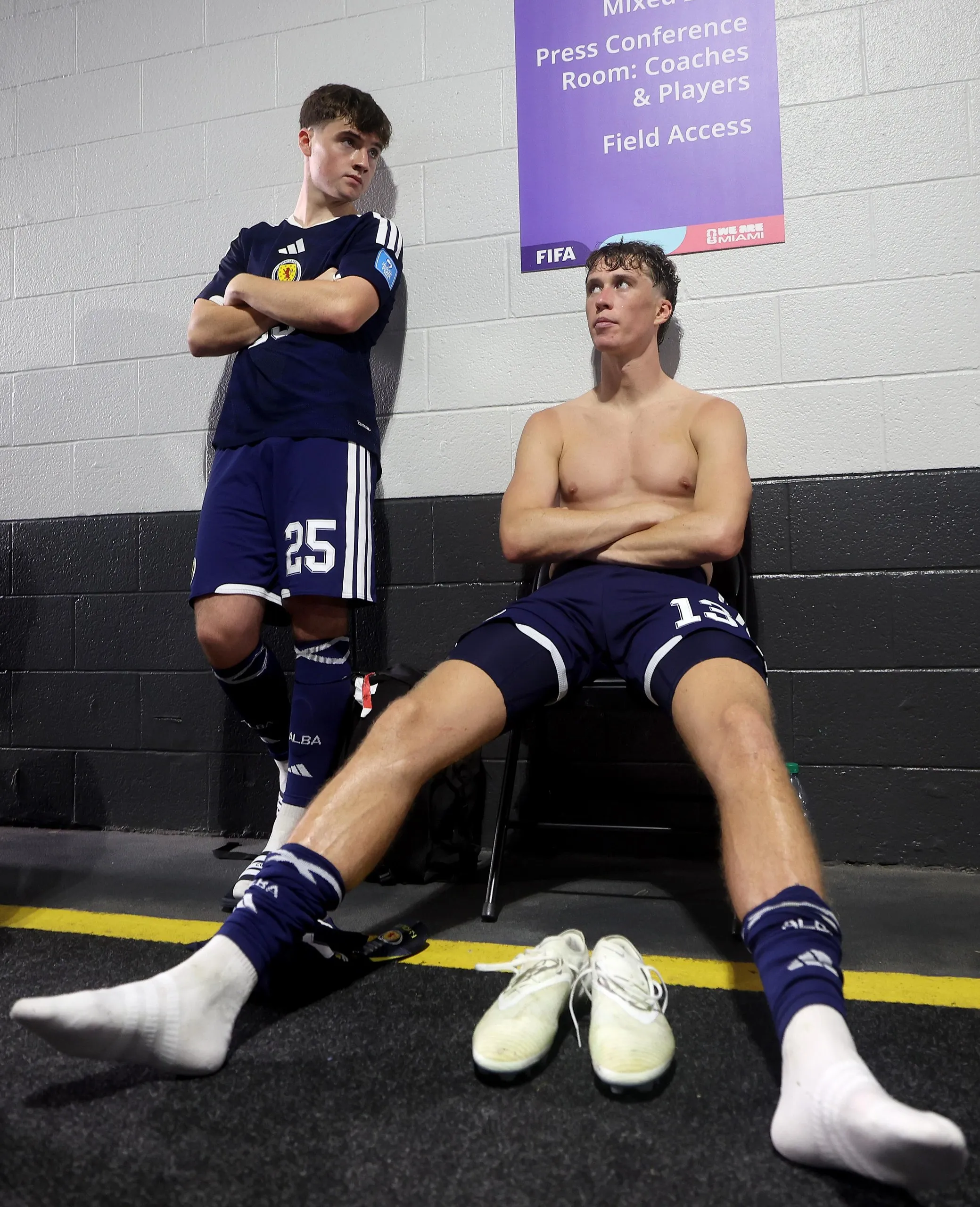 Findlay Curtis (left) and Jack Hendry of Scotland in the tunnel after their defeat by Brazil in Miami