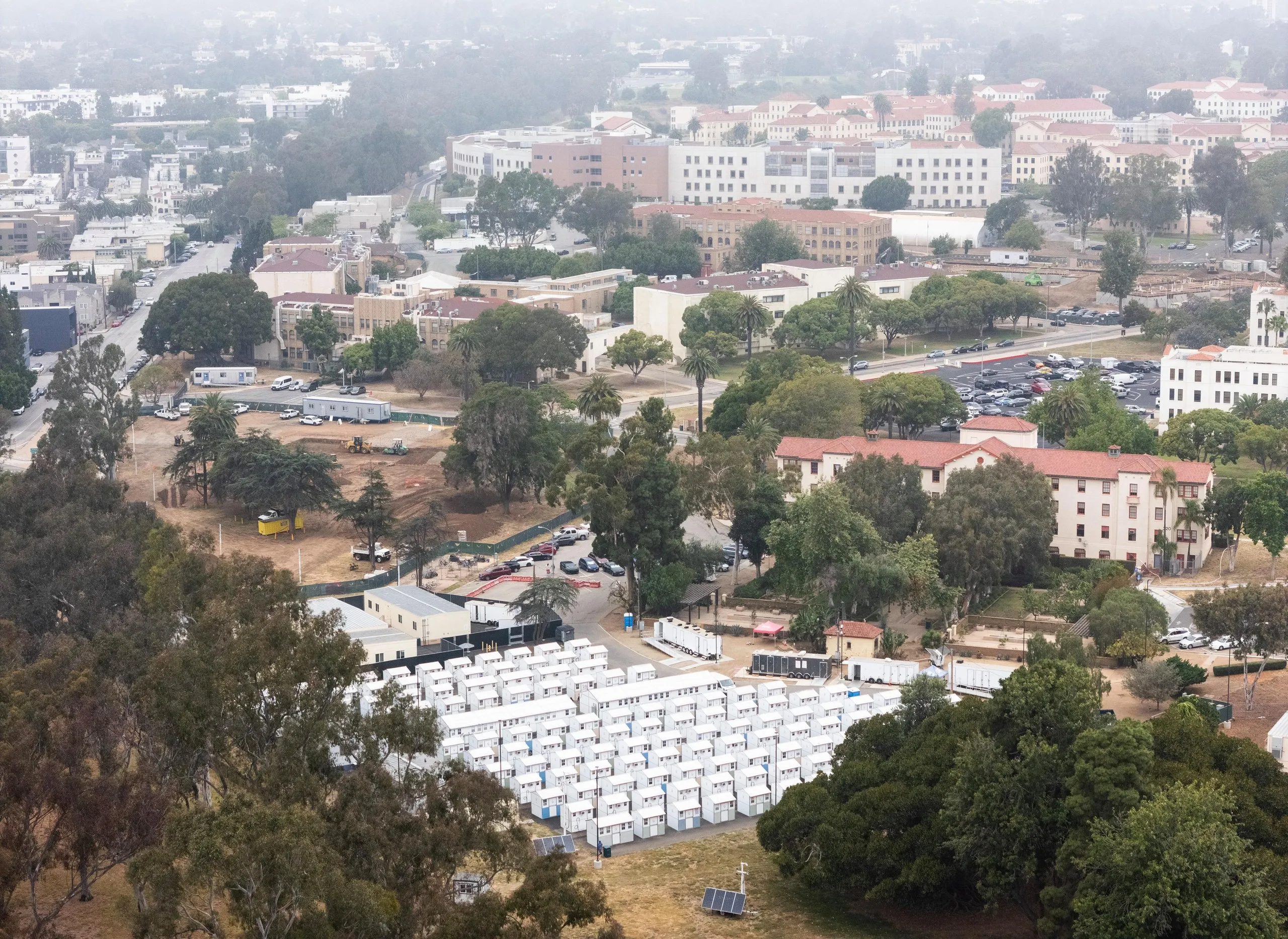 Drone image of the tiny shelters at the Veterans Administration West Los Angeles campus in Los Angeles