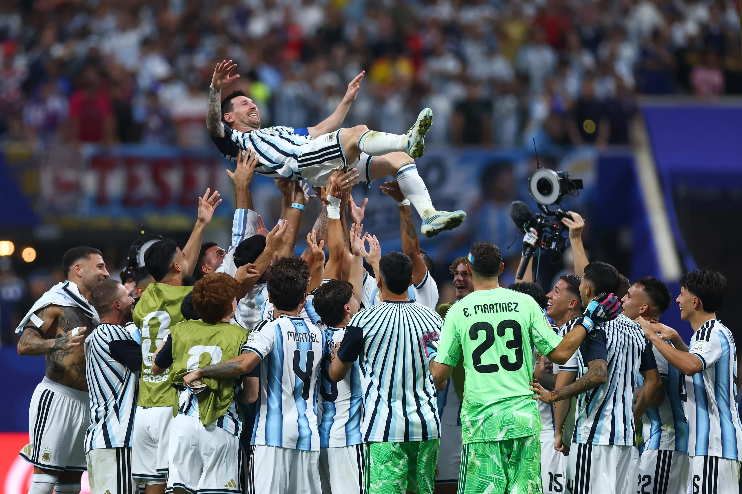 Lionel Messi of Argentina celebrates with his team-mates after Tuesday’s win over Egypt in the last 16.