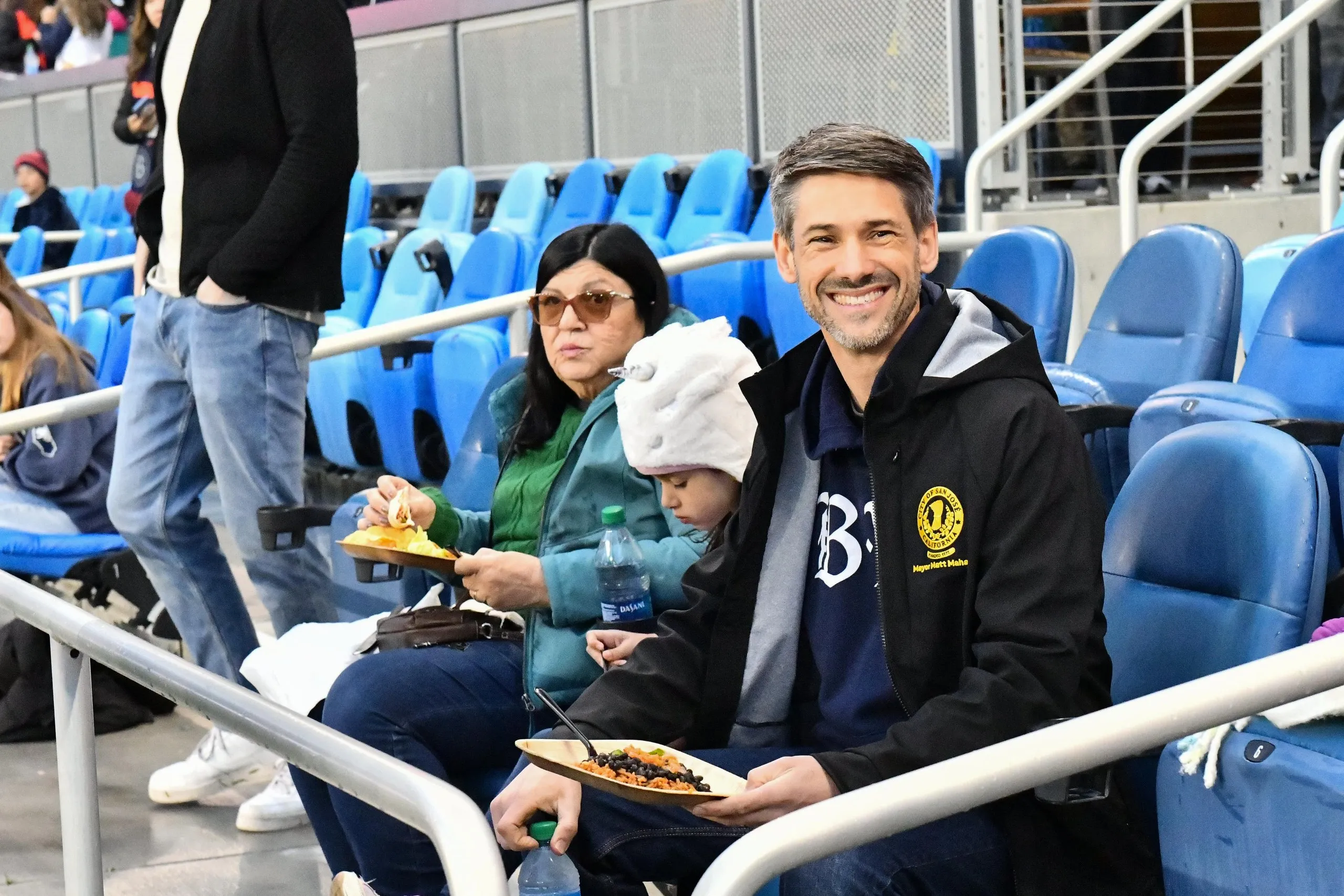 The mayor of San Jose Matt Mahan sits in a seat before a Bay FC NWSL game in 2024.