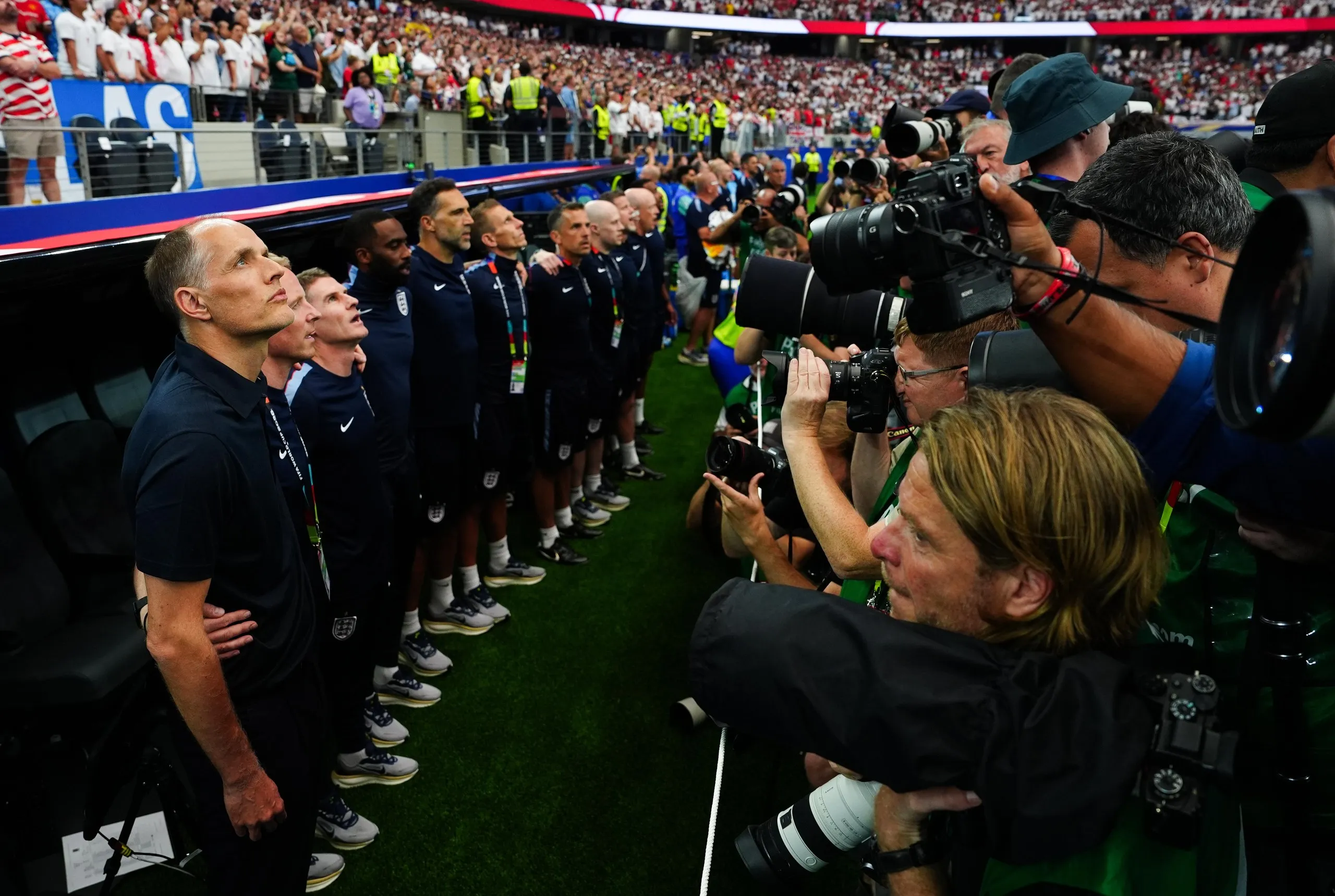 England’s manager, Thomas Tuchel, during the national anthem before the match with Croatia at Dallas Stadium.